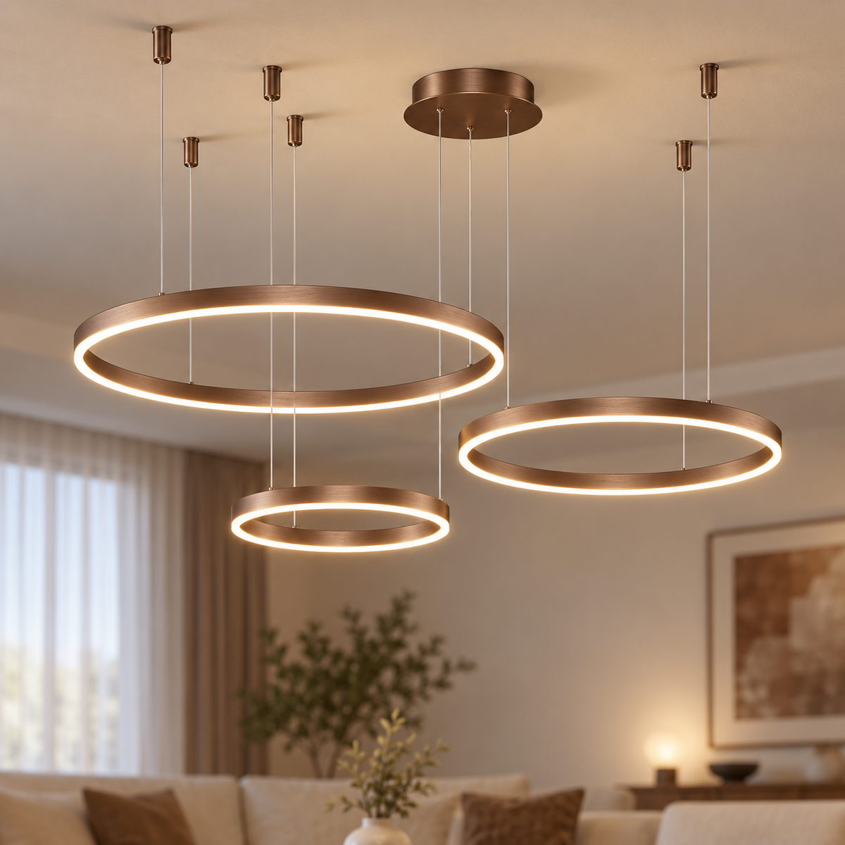 Coffee three-ring LED chandelier with 80, 60 and 40 cm rings, installed commercial view