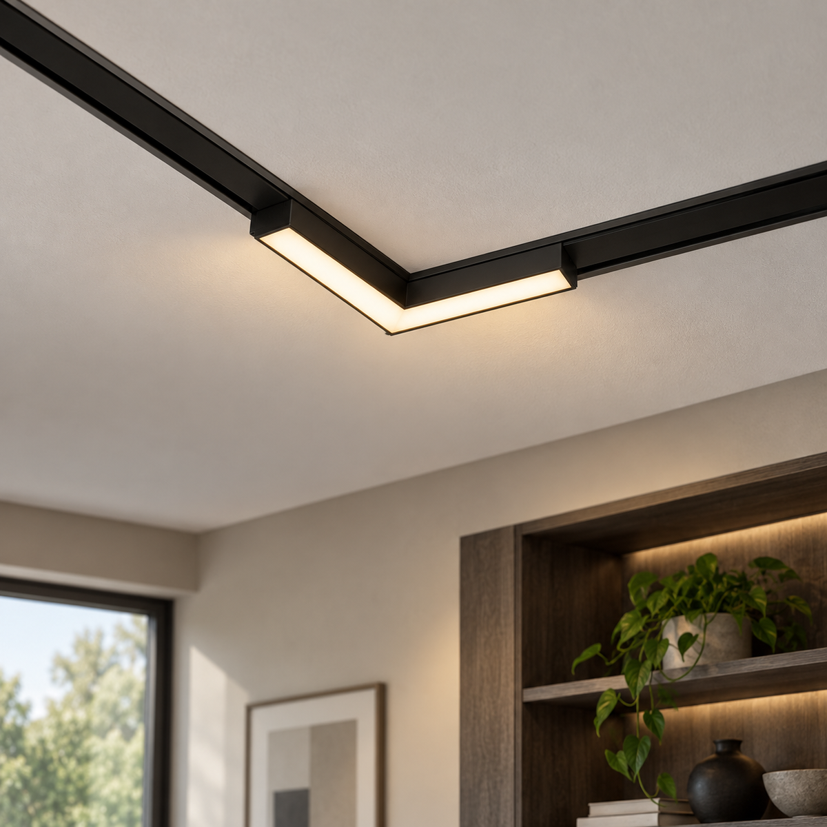 Black L-shaped 10W magnetic corner floodlight installed in recessed ceiling rails above an oak shelving area, lit with warm light