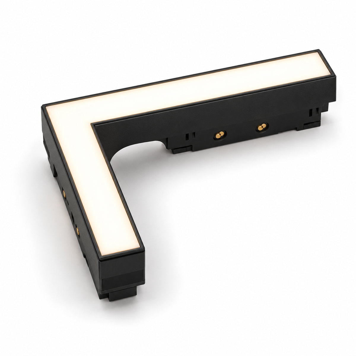 Black 10W L-shaped magnetic corner floodlight with warm diffuser, rounded rear clearance and gold adapter contacts on a white background