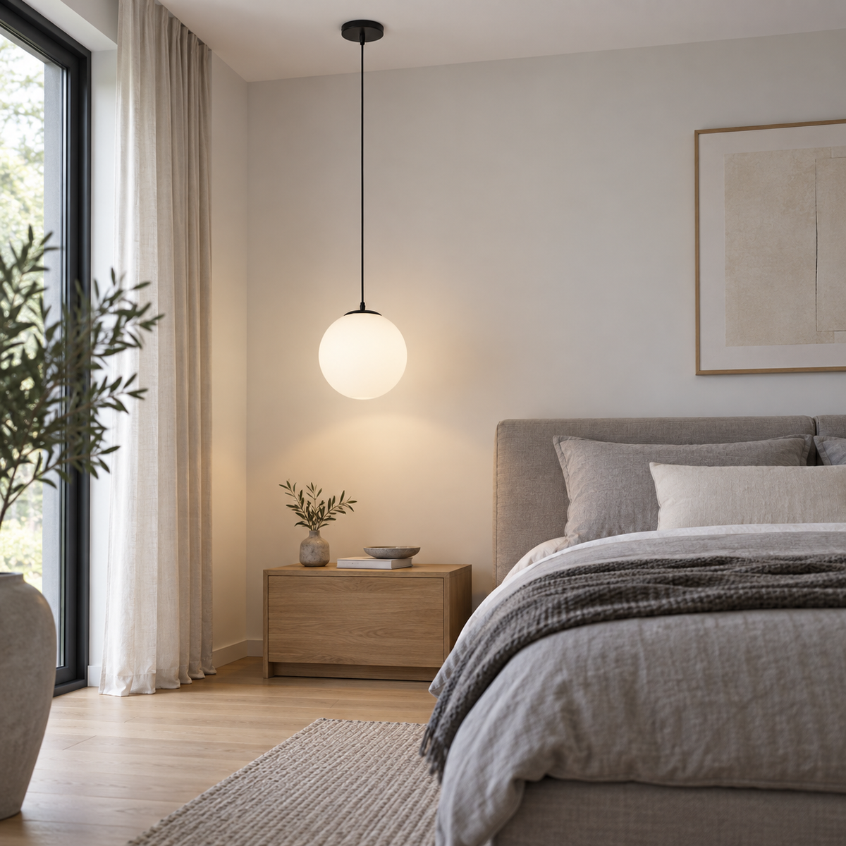 Small white glass globe pendant with black fittings installed beside a bed, side room view