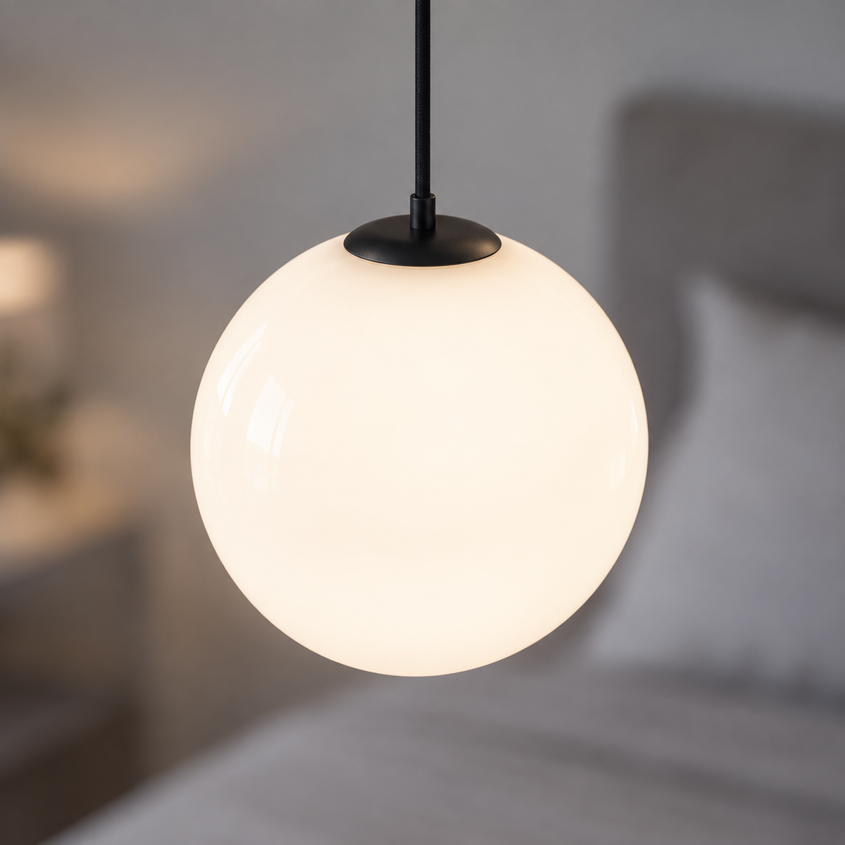 Small white glass globe pendant, close-up of opal glass and black fitting