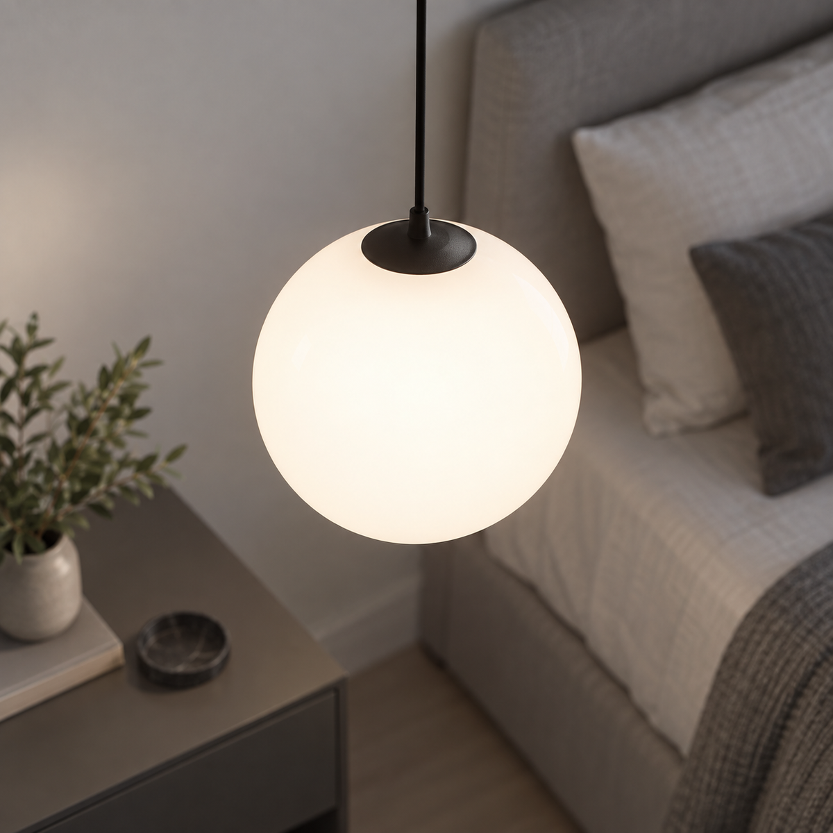 Small white glass globe pendant with black fittings, elevated view above a bedside table