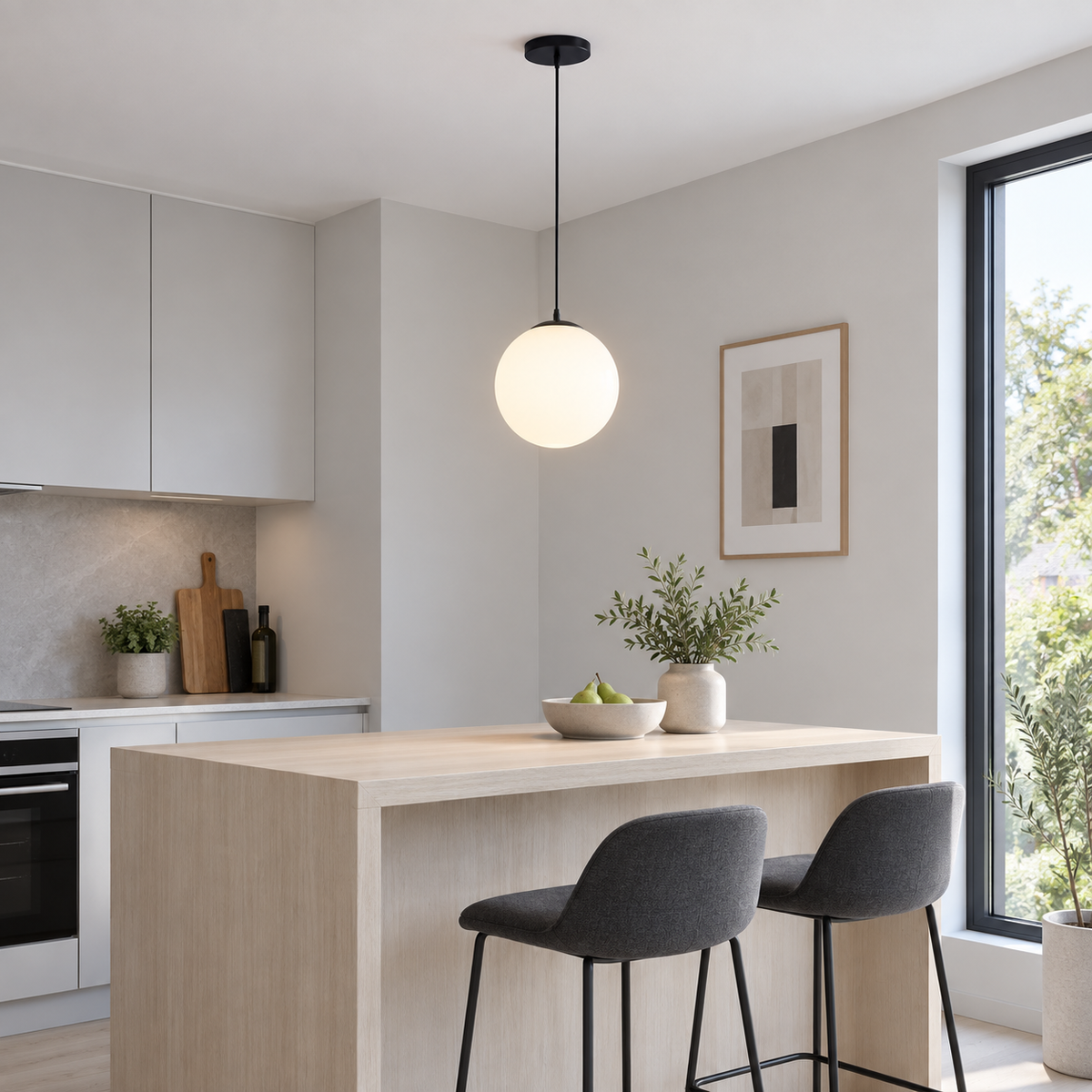Small white glass globe pendant with black fittings installed above a kitchen breakfast counter
