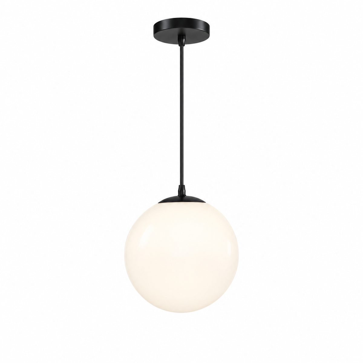 Small white glass globe pendant with black fittings on a pure white background
