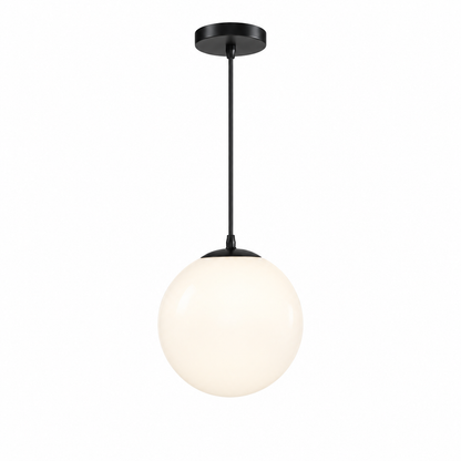 Small white glass globe pendant with black fittings on a pure white background