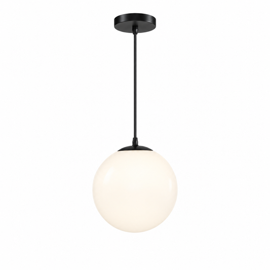Small white glass globe pendant with black fittings on a pure white background