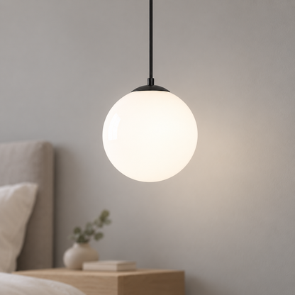 Small white glass globe pendant, black fitting option, 20 cm diameter