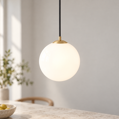 Small white glass globe pendant, gold fitting option, 20 cm diameter