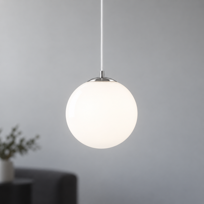 Small white glass globe pendant, silver fitting option, 20 cm diameter