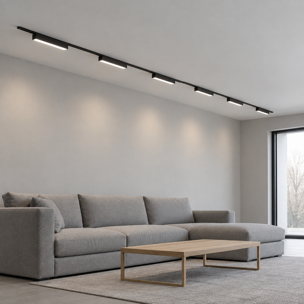 Black ultra-thin surface track with linear LED modules installed above a grey living room