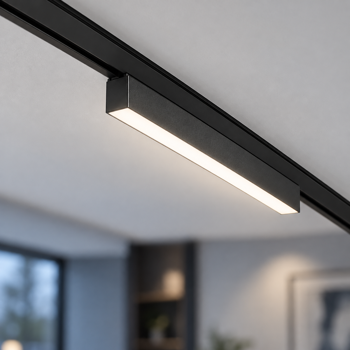 End-on close-up of a black linear LED module secured in an ultra-thin surface track