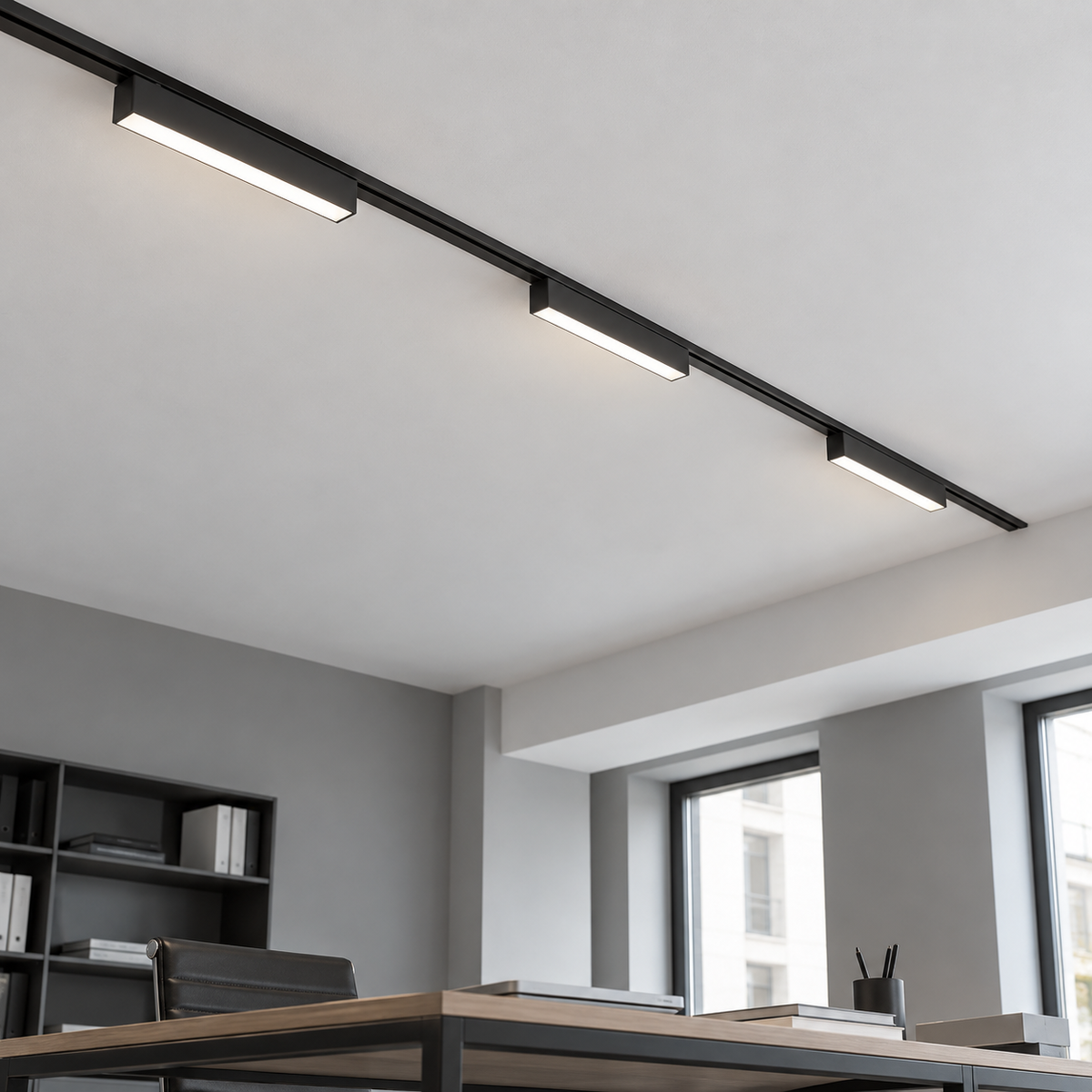 Underside view of three black linear LED modules on an ultra-thin ceiling track
