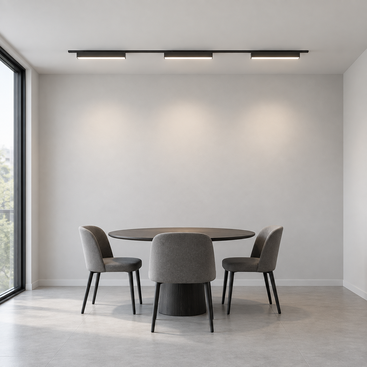 Front-side room view of black linear LED modules on a surface rail above a dining table