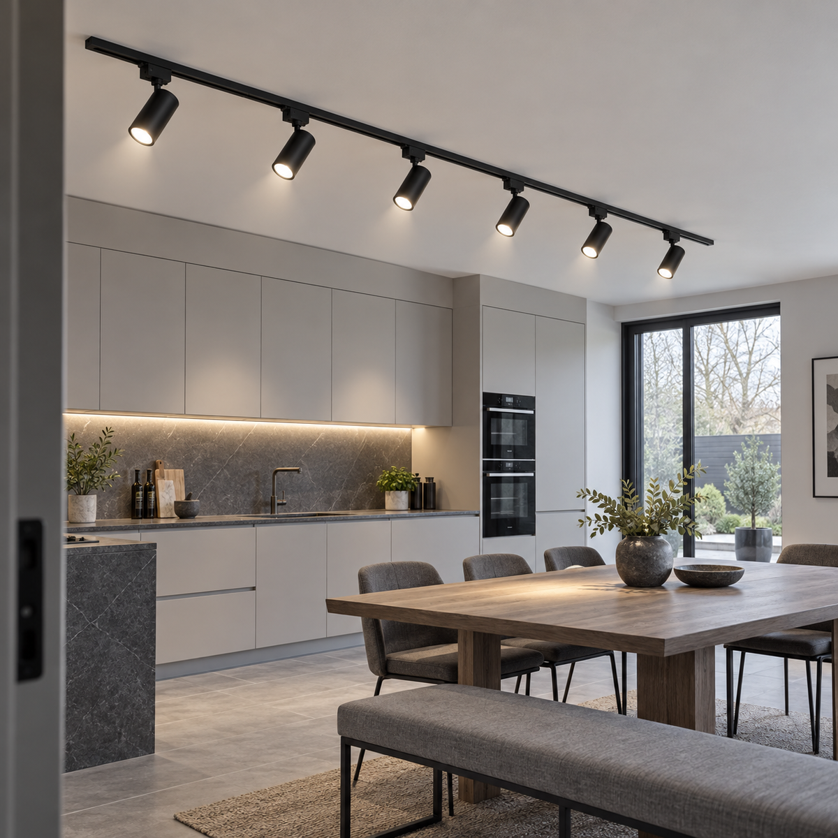 Six black LED track spotlights installed above a modern grey kitchen, side view