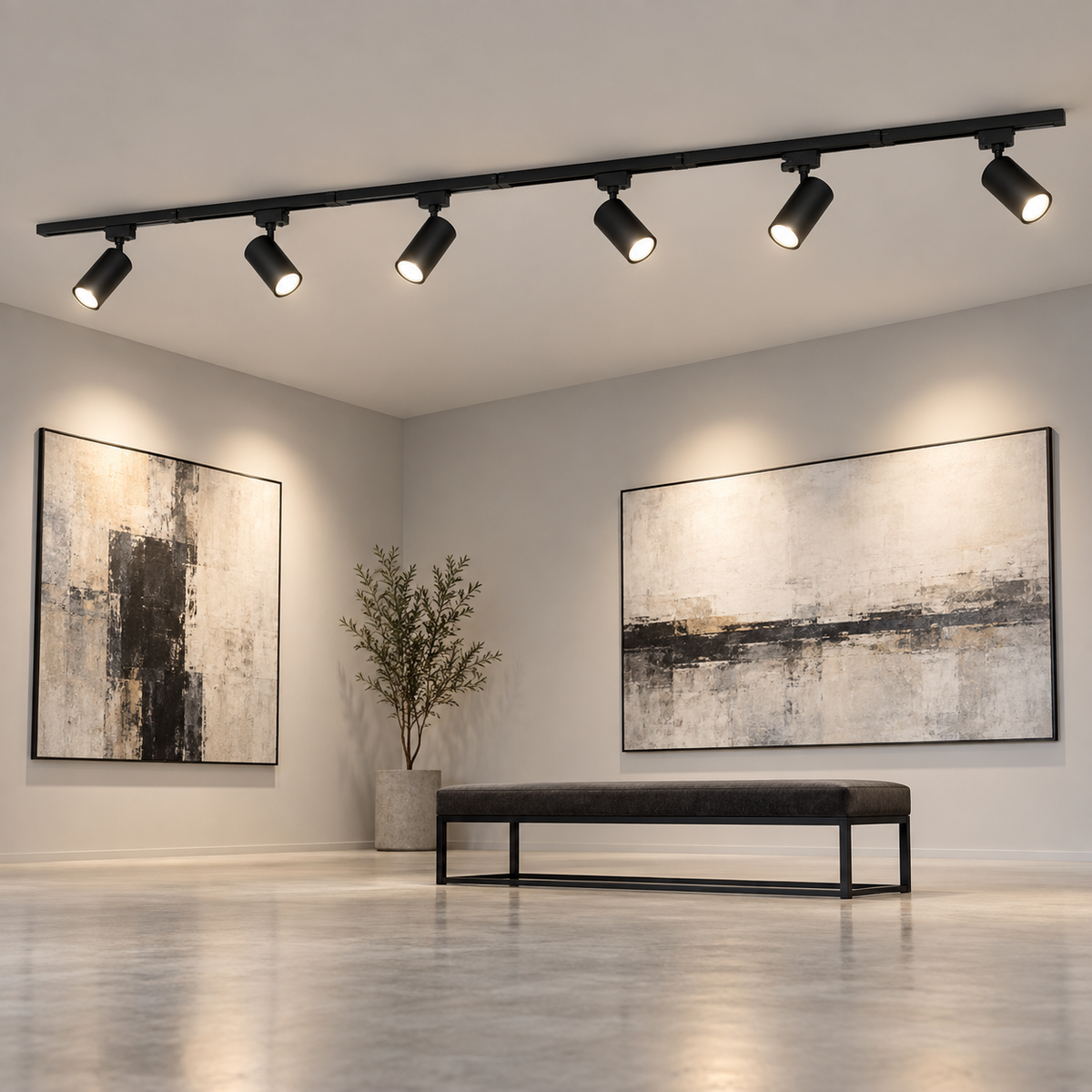 Underside view of six black LED track spotlights lighting a modern gallery