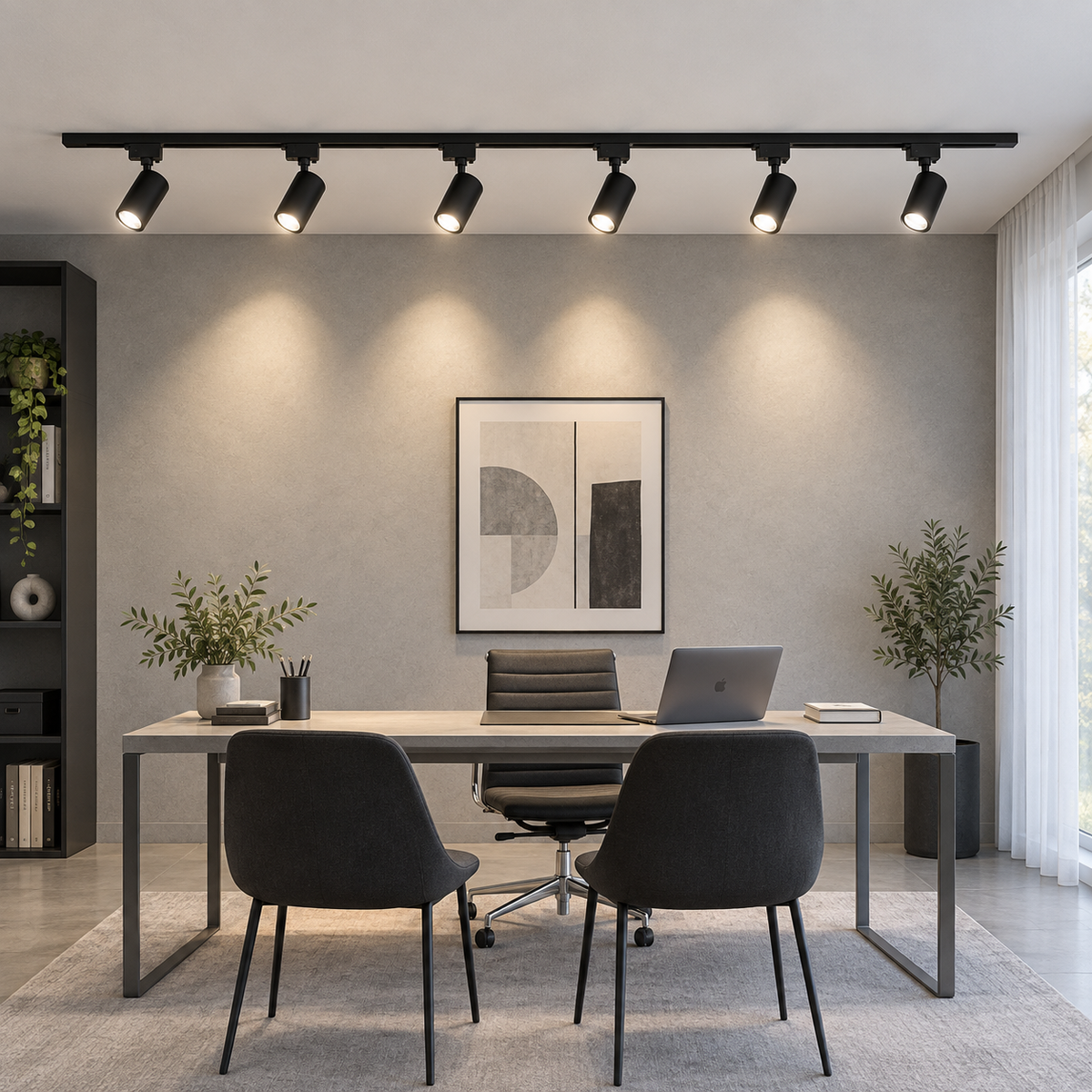 Front-side room view of the six-light black LED track kit above a home office