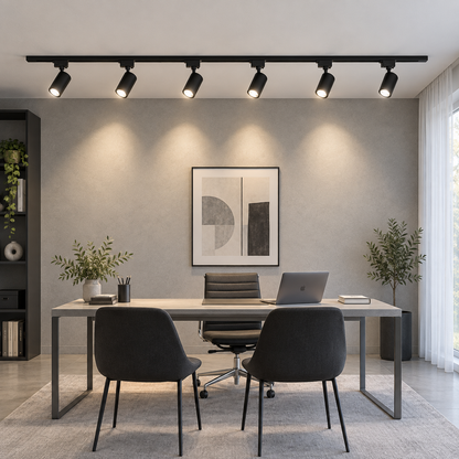 Front-side room view of the six-light black LED track kit above a home office