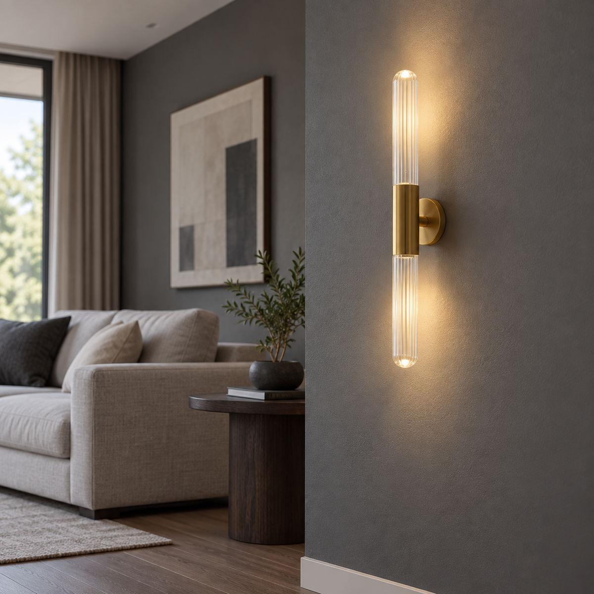 Clear glass rod LED wall lamp with gold center, installed in a modern gray living room