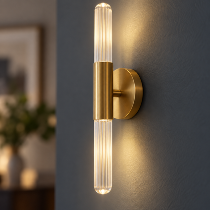 Close-up of the brushed gold mount and clear fluted glass rods