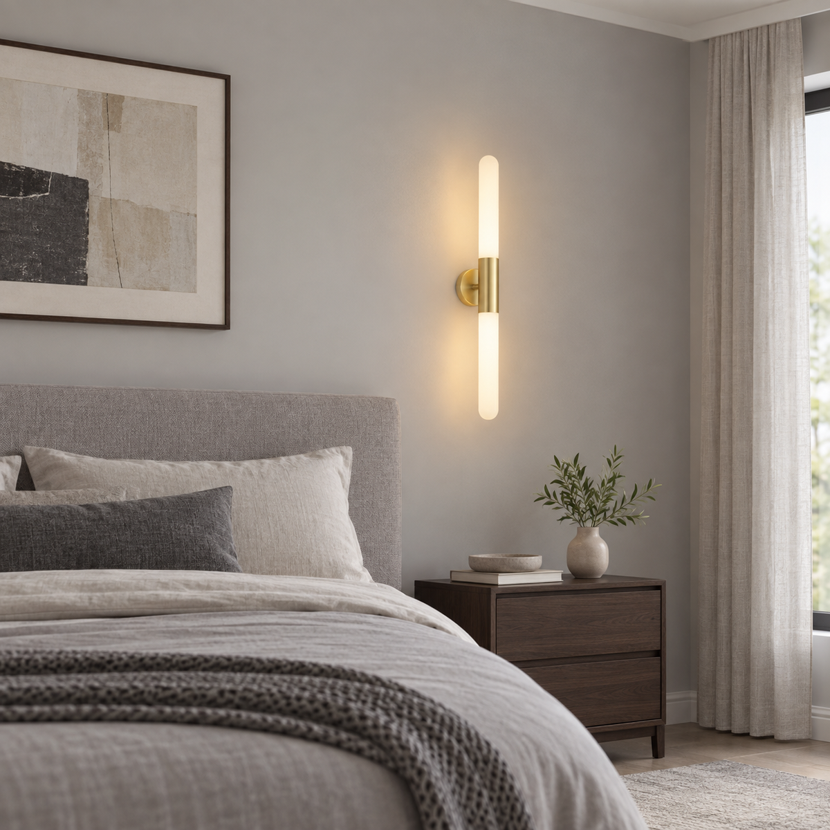 Frosted white glass rod LED wall lamp installed beside a contemporary bed