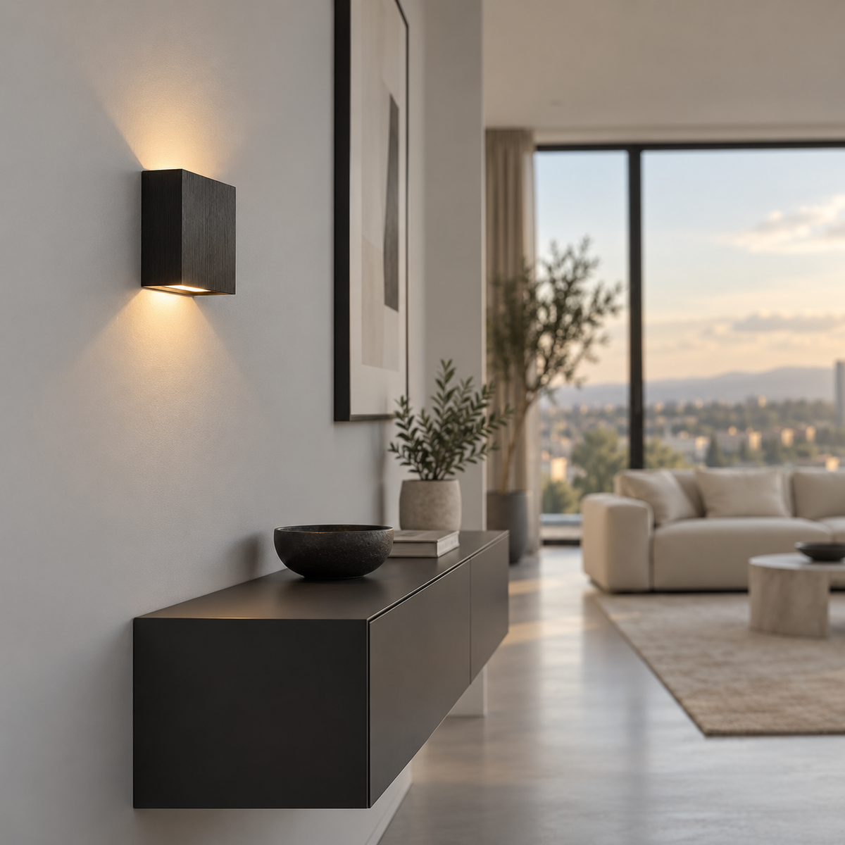 Black brushed square wall light installed in a minimalist living room, side view