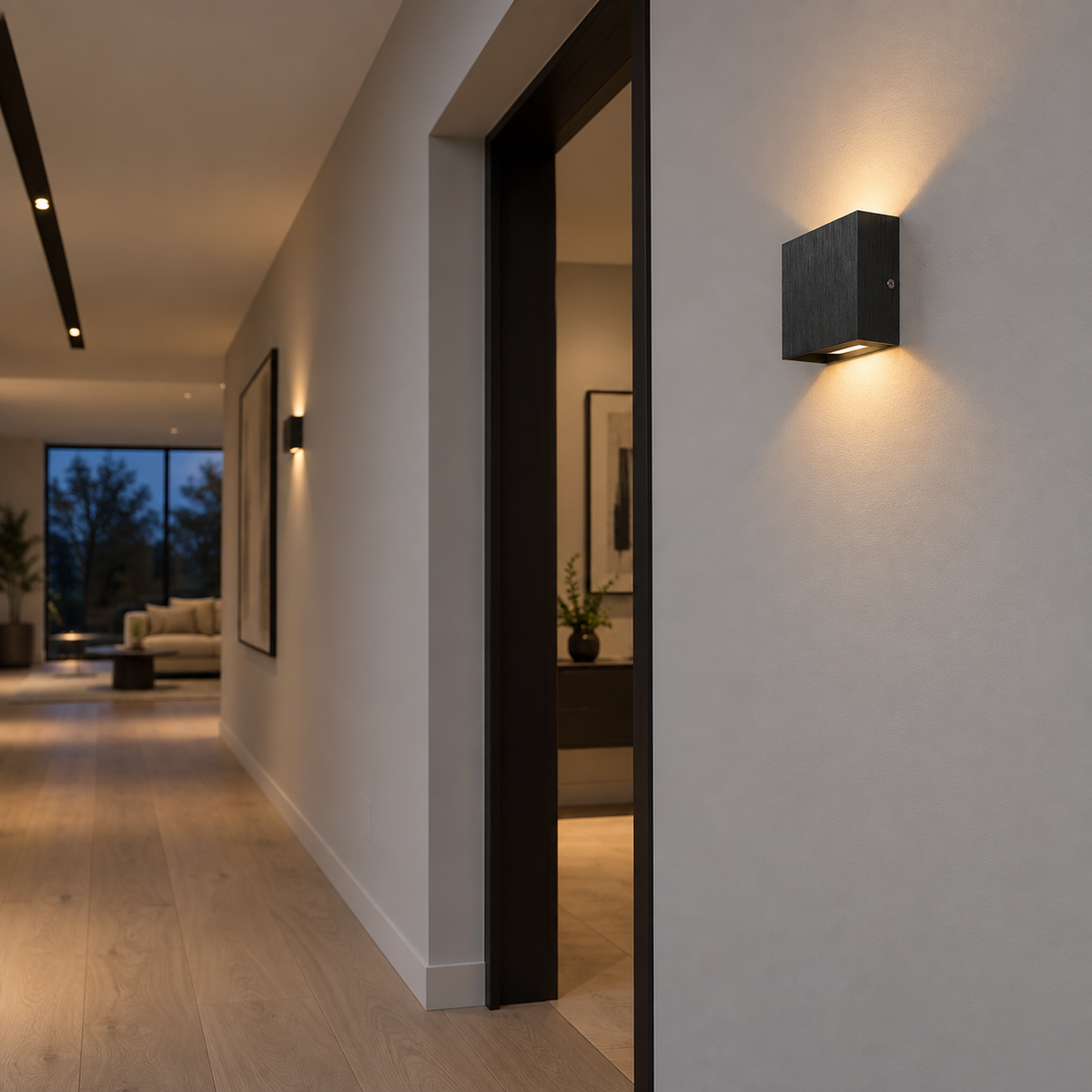 Black square wall light viewed from below in a modern hallway