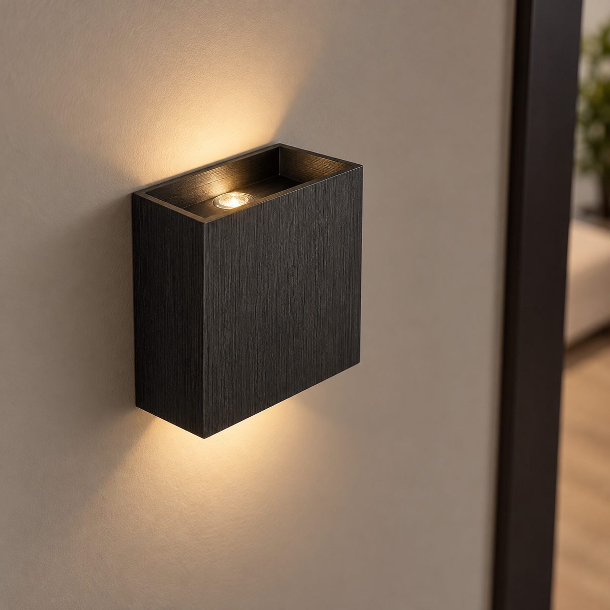 Black square wall light from an elevated diagonal angle