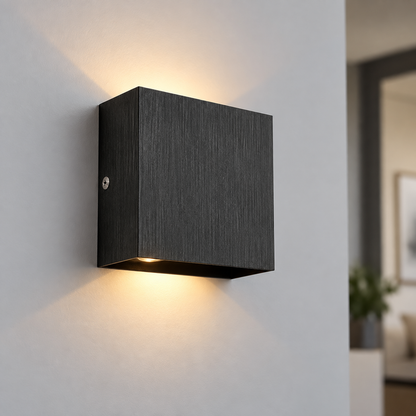 Black brushed aluminium square wall light, 10 cm wide