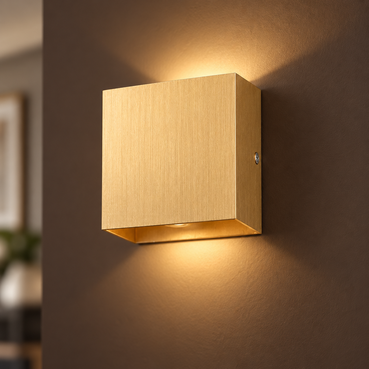 Gold brushed aluminium square wall light, 10 cm wide