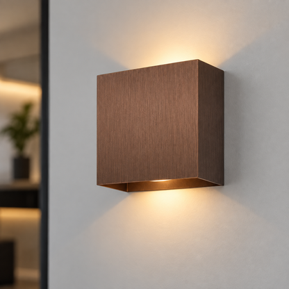 Coffee brushed aluminium square wall light, 10 cm wide