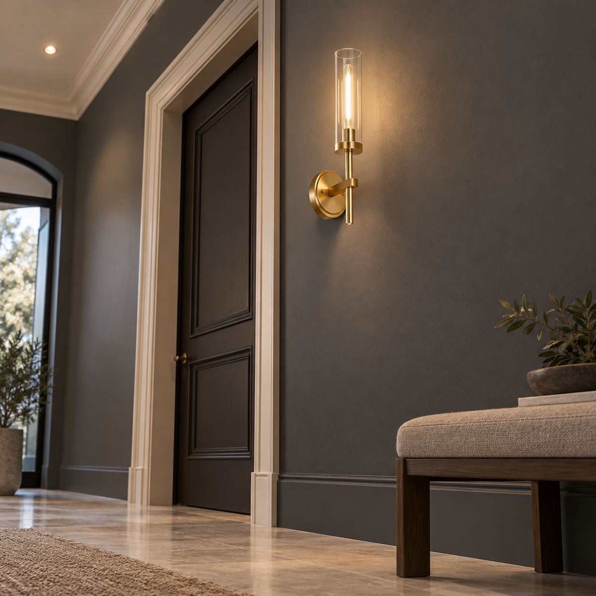 Low-angle view of a gold glass cylinder wall lamp installed in a hallway