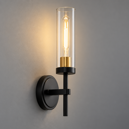 Black clear glass cylinder wall light with gold socket, single lamp