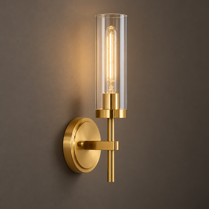 Gold clear glass cylinder wall light, single lamp