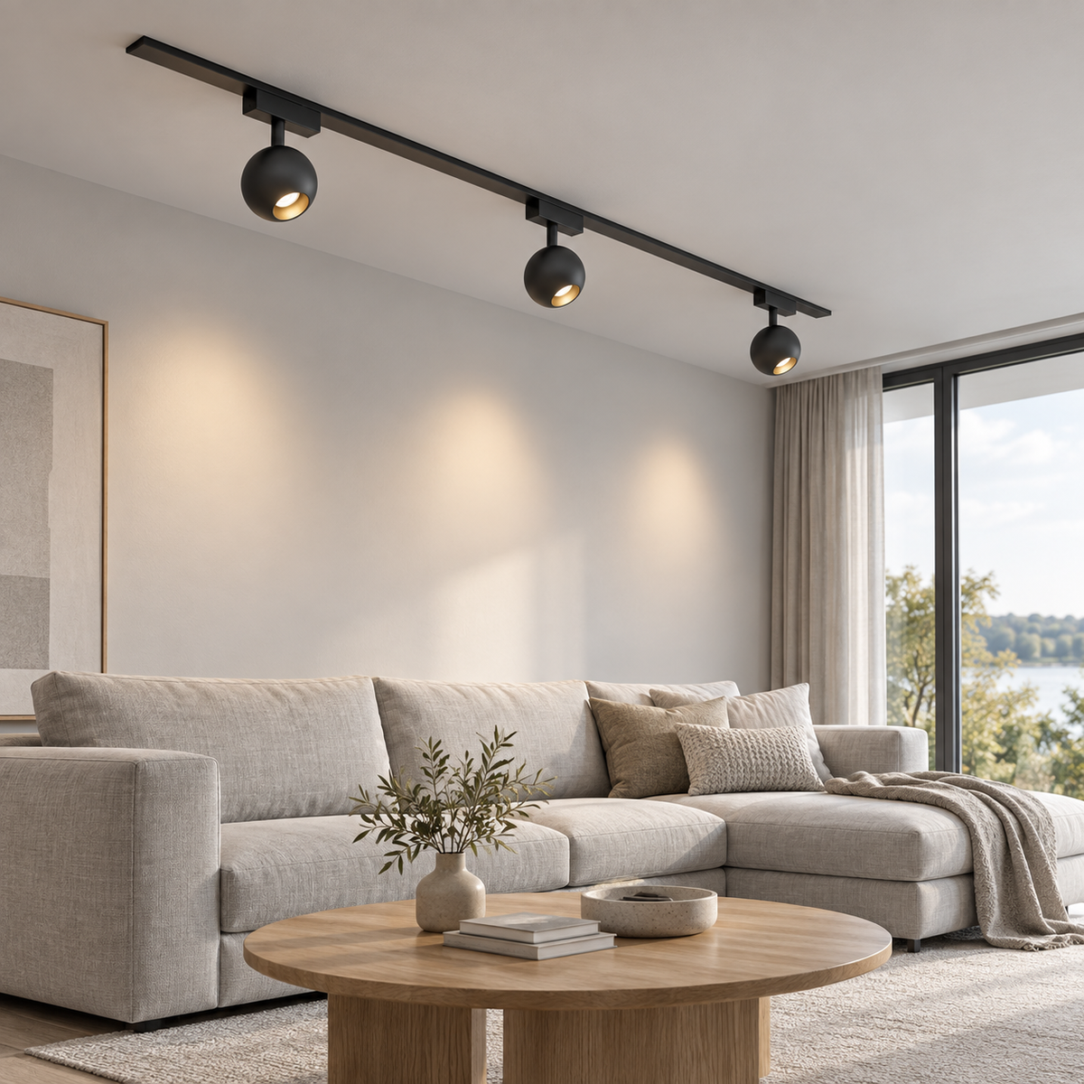 Black ball magnetic track light installed above a minimalist living room, viewed from the side