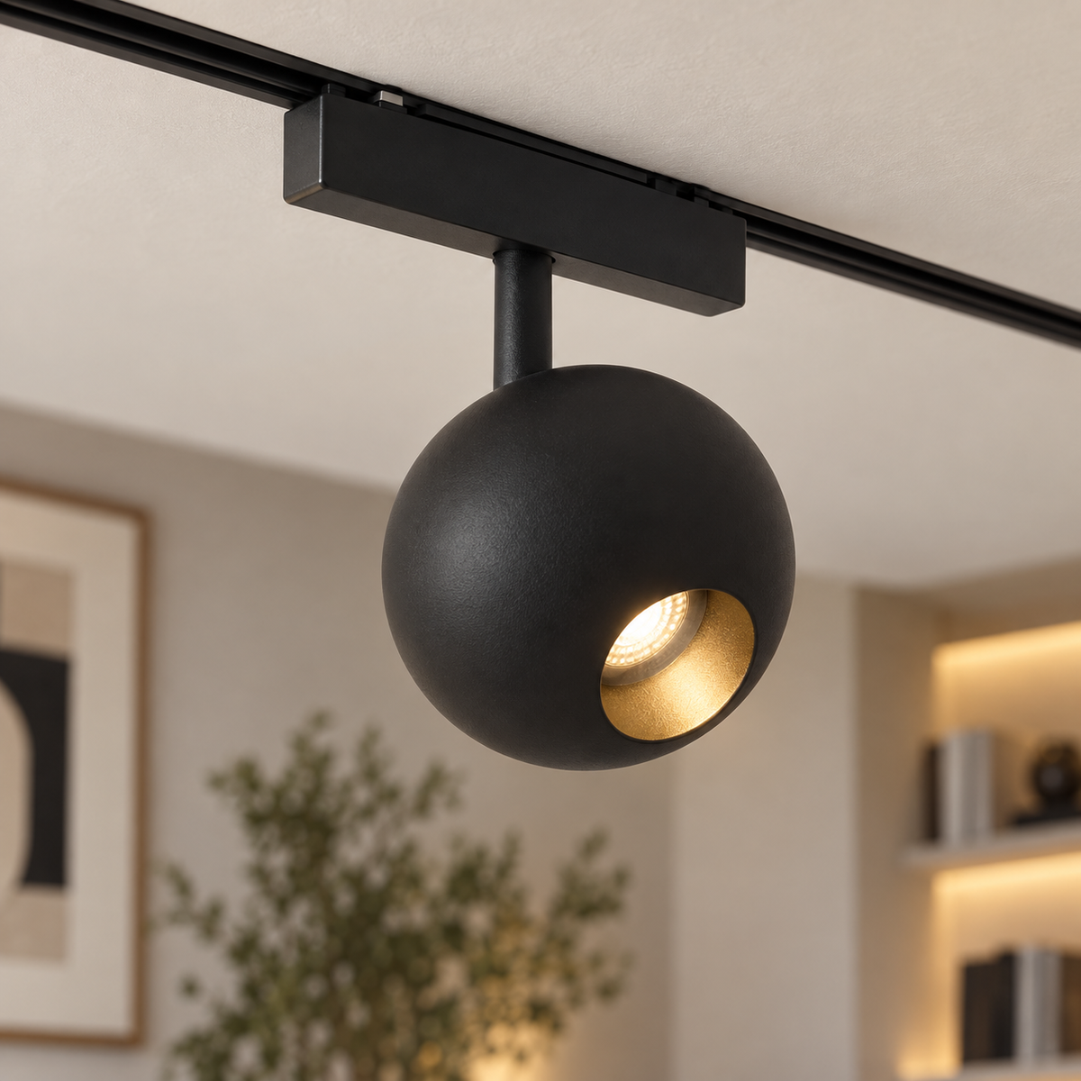 Close-up of the black spherical magnetic track light and recessed gold reflector