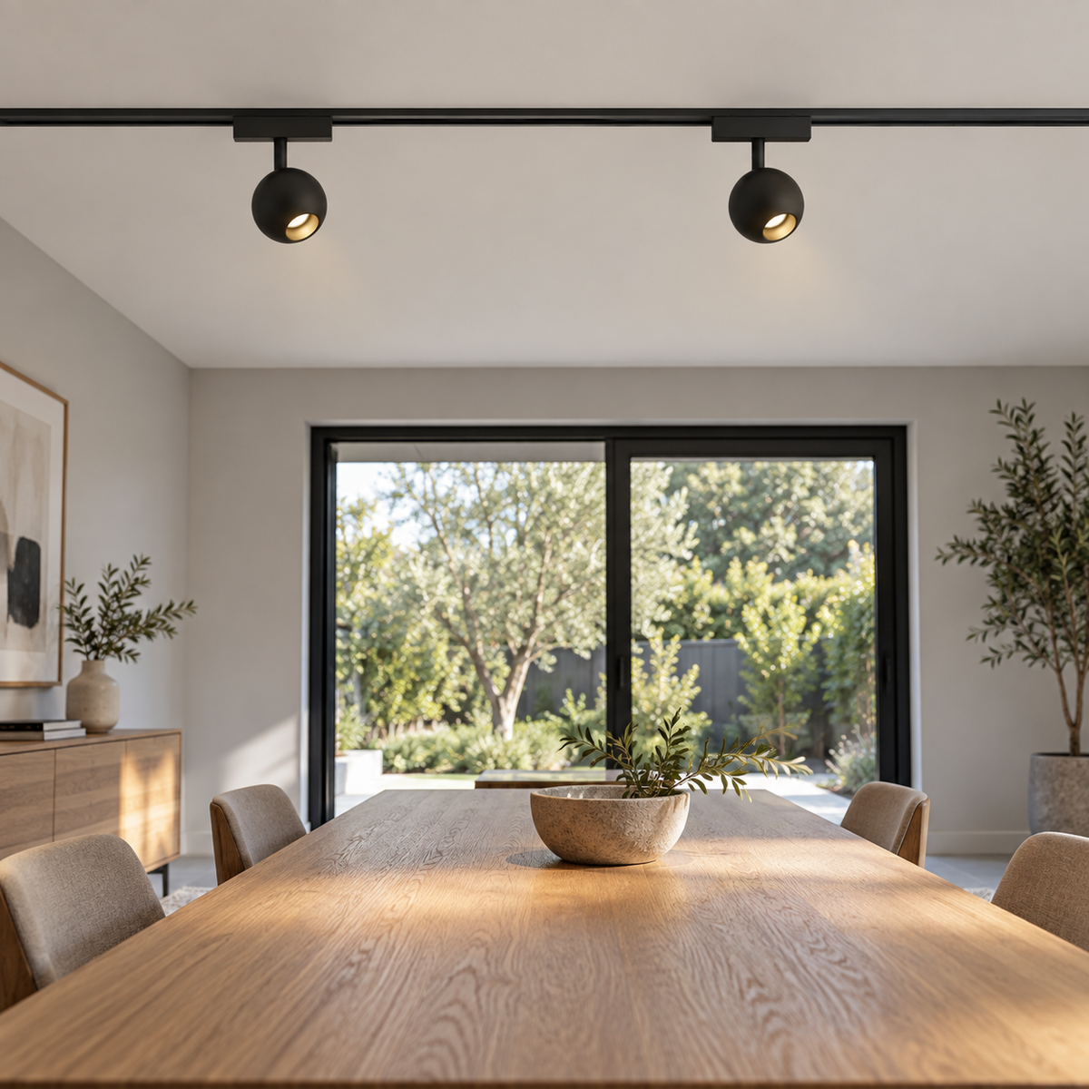 Black ball track lights seen from below in a modern dining room