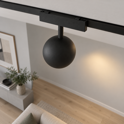 Black ball magnetic track light viewed from a high rear angle