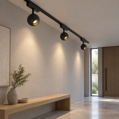 Black spherical track lights in a minimalist entryway viewed from the front