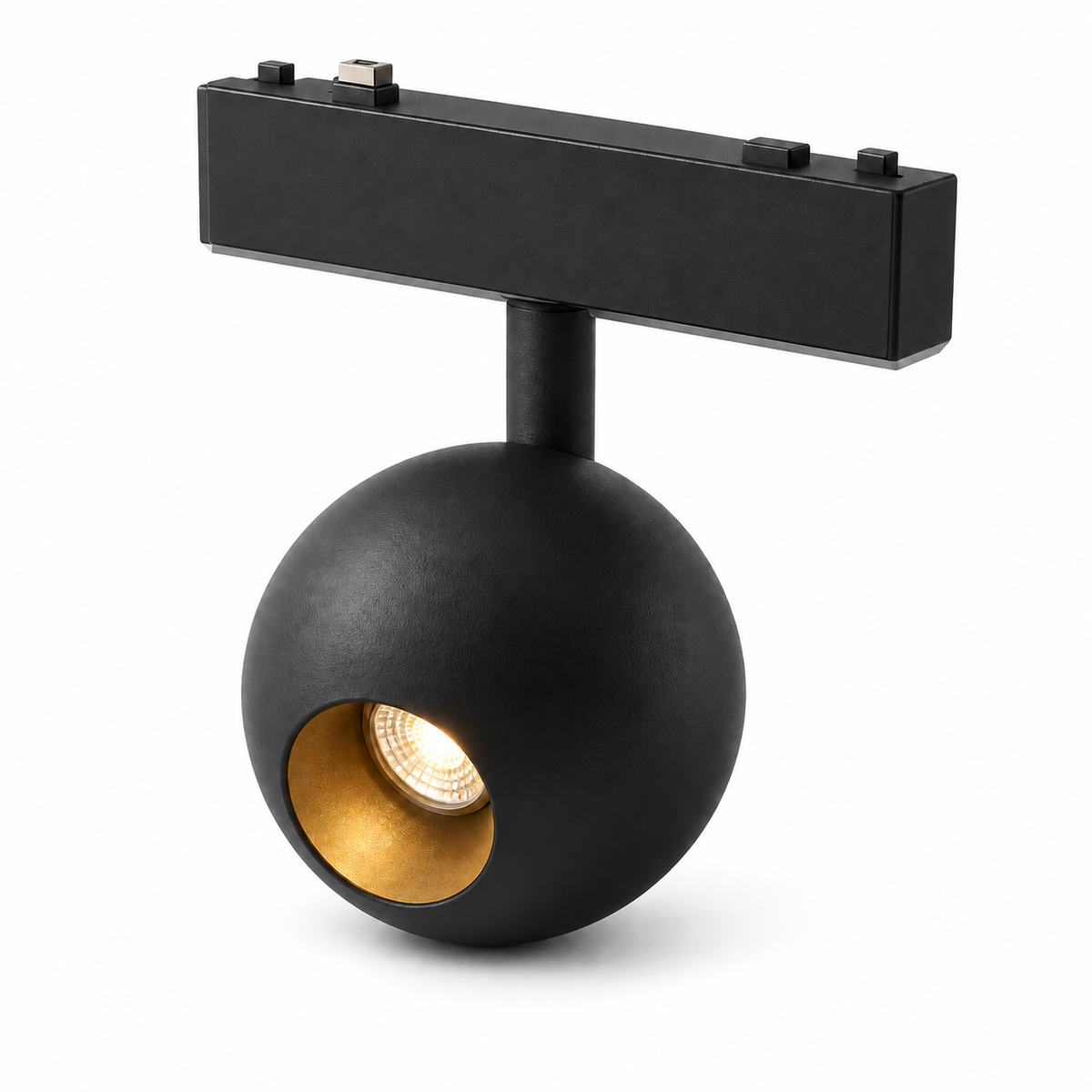 Black ball magnetic track light isolated on a pure white background