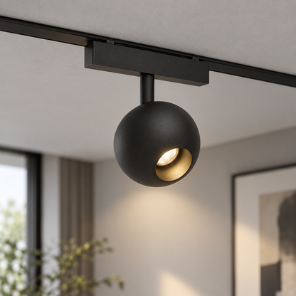 Black ball magnetic track light installed on a light-grey ceiling