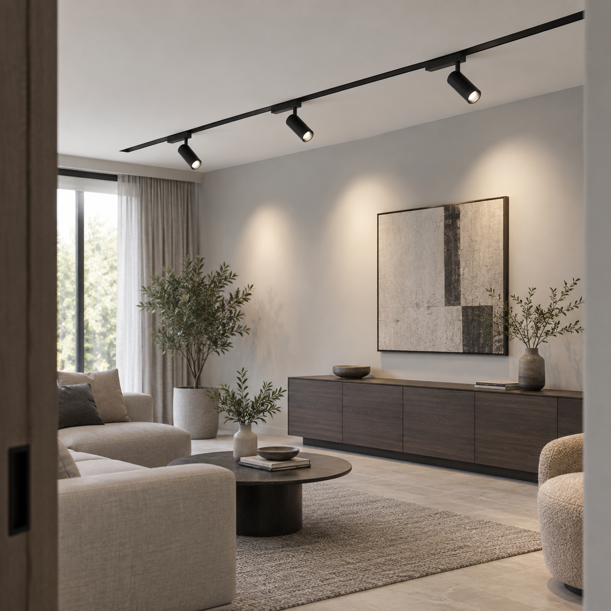 Black magnetic track spotlights installed above a modern grey living room, side view