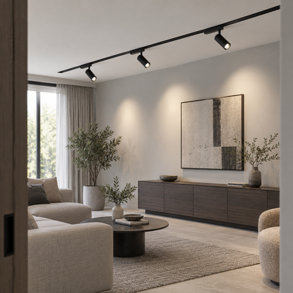 Black magnetic track spotlights installed above a modern grey living room, side view