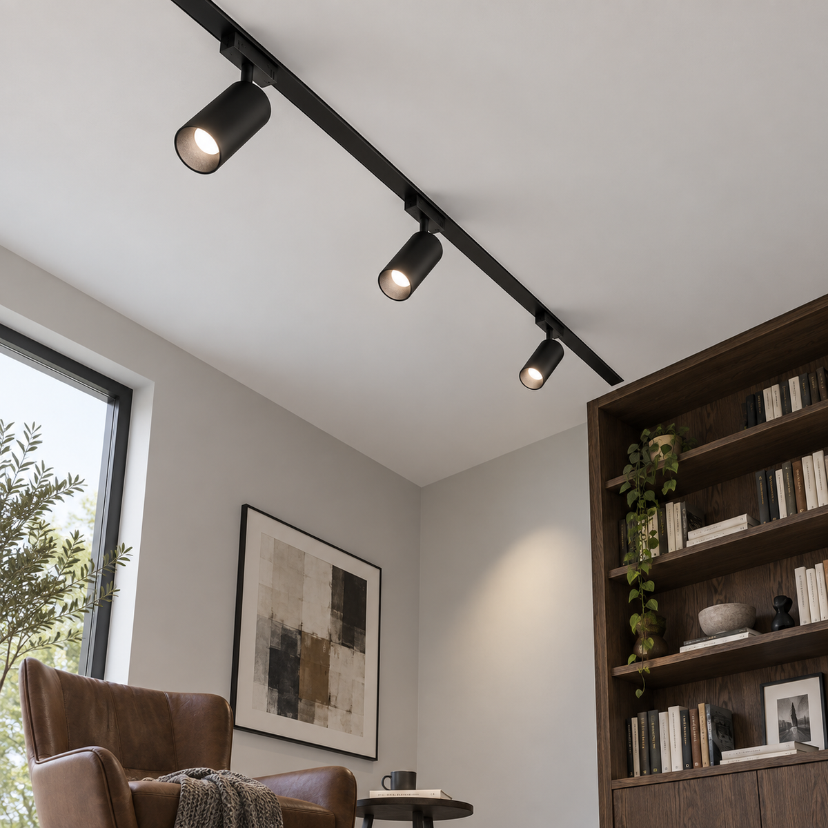 Low-angle room view of three black magnetic spotlights secured in a ceiling rail