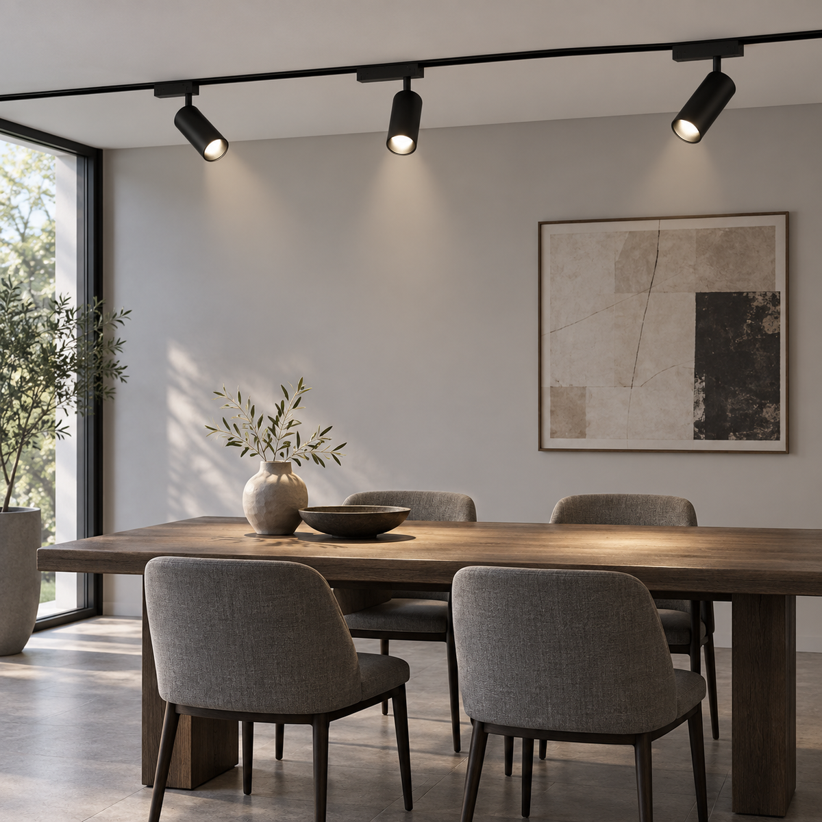 Front-side view of black magnetic track spotlights illuminating a minimalist dining room