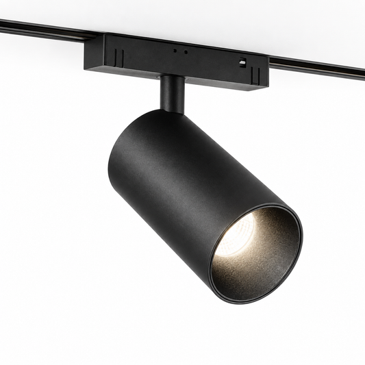 Black 12W magnetic LED spotlight on a pure white background
