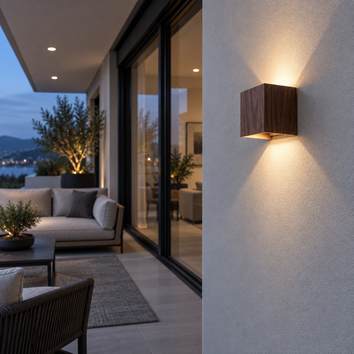 Walnut-effect cube wall light installed beside a contemporary terrace, side view