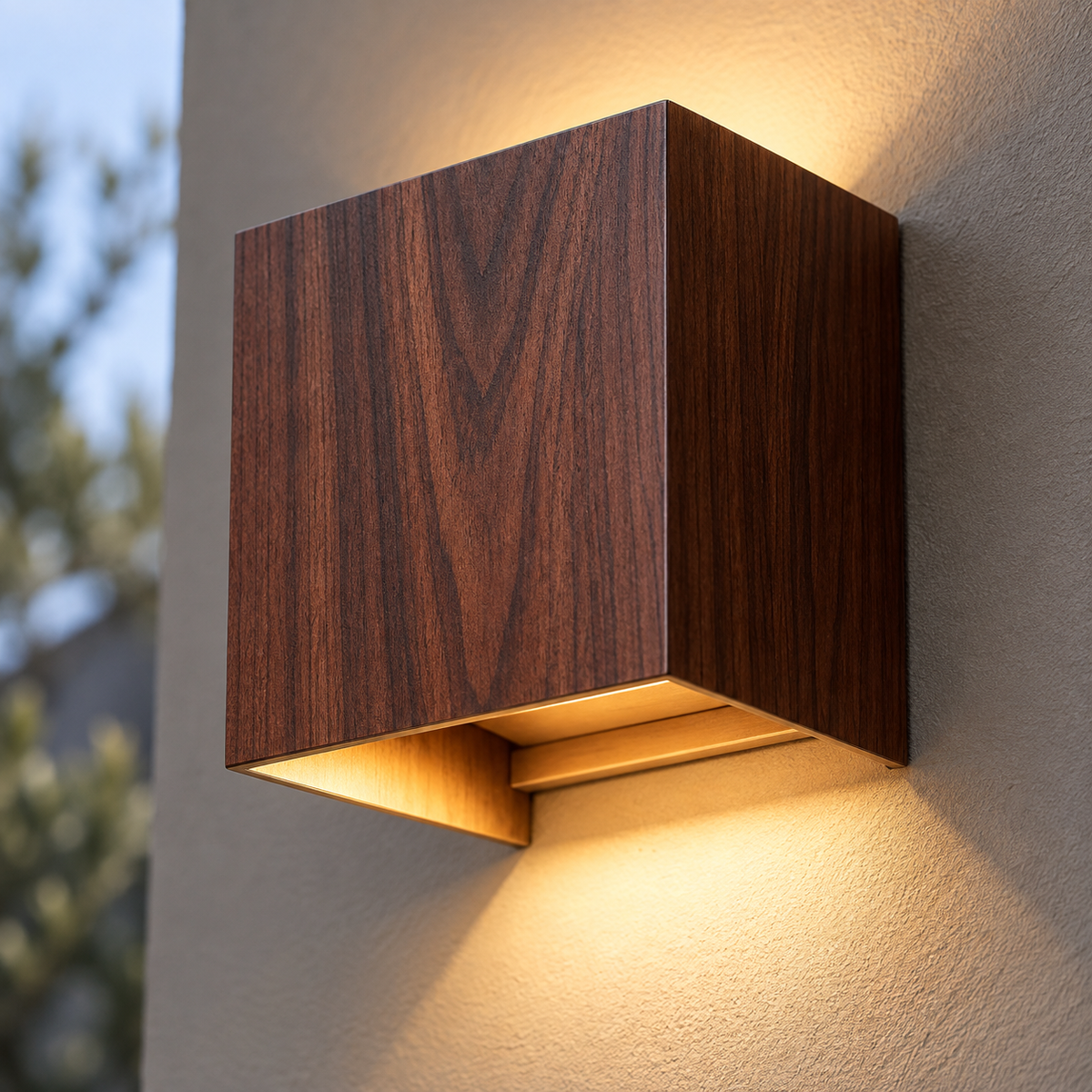 Close-up of the walnut-effect aluminium cube wall light and its recessed lower light outlet