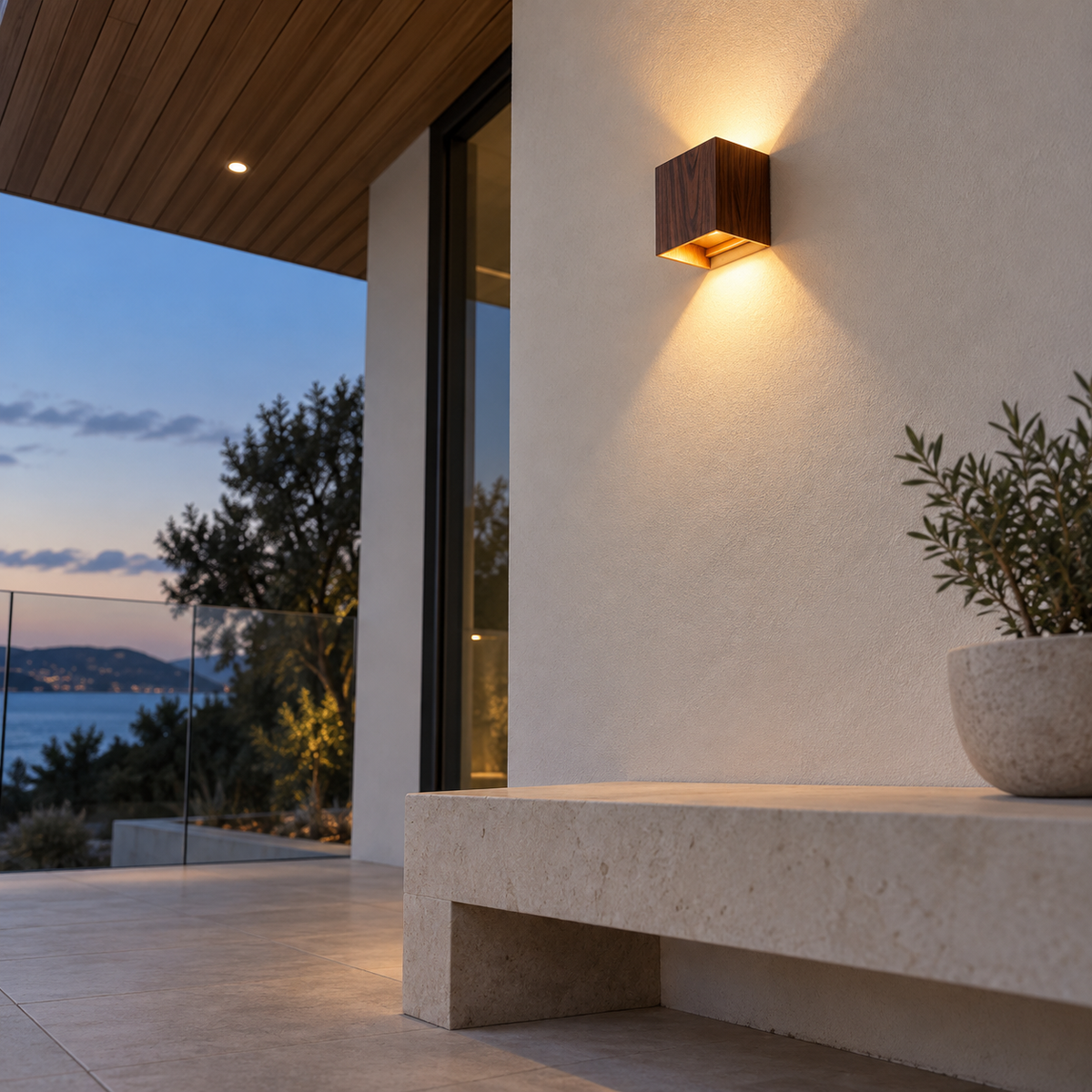 Walnut-effect cube wall light viewed from below on a modern porch wall