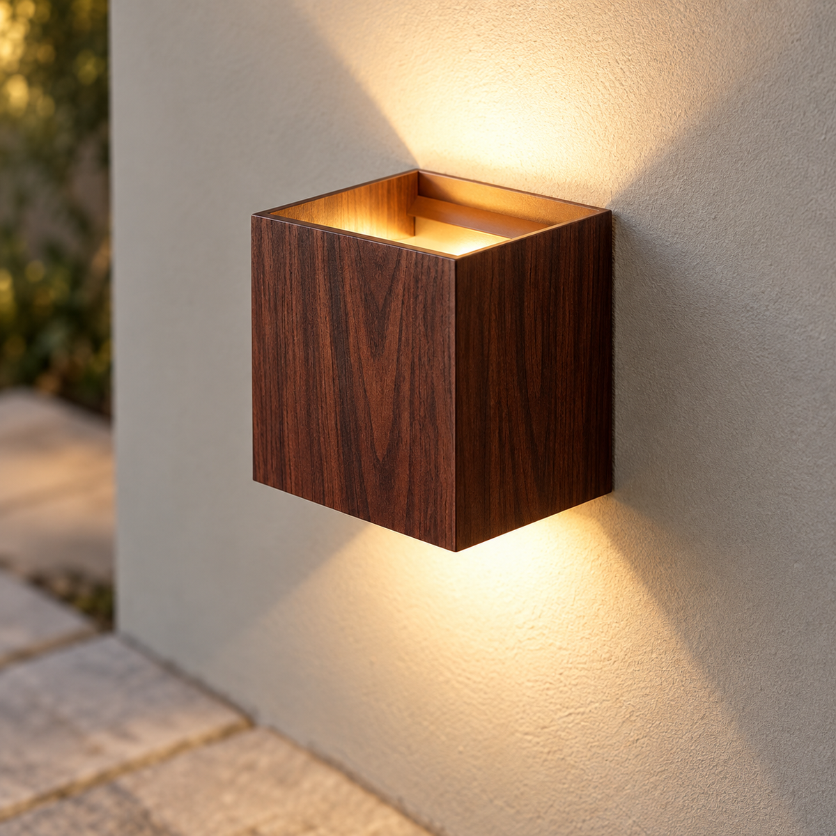 Walnut-effect cube wall light from an elevated diagonal angle