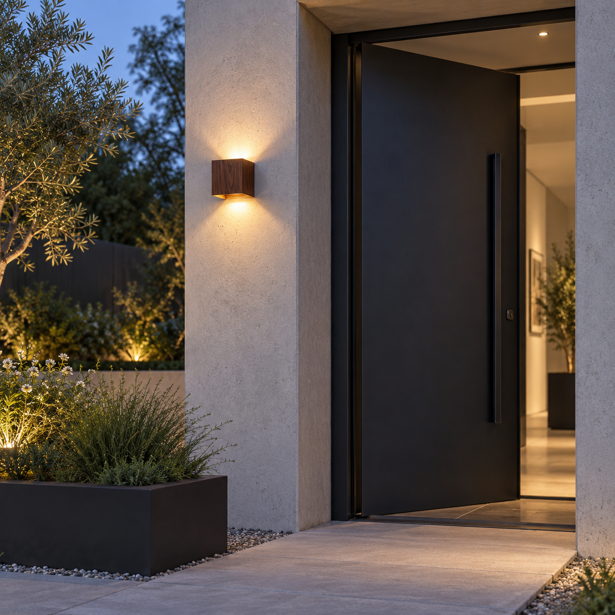 Walnut-effect cube wall light on a minimalist garden entrance wall